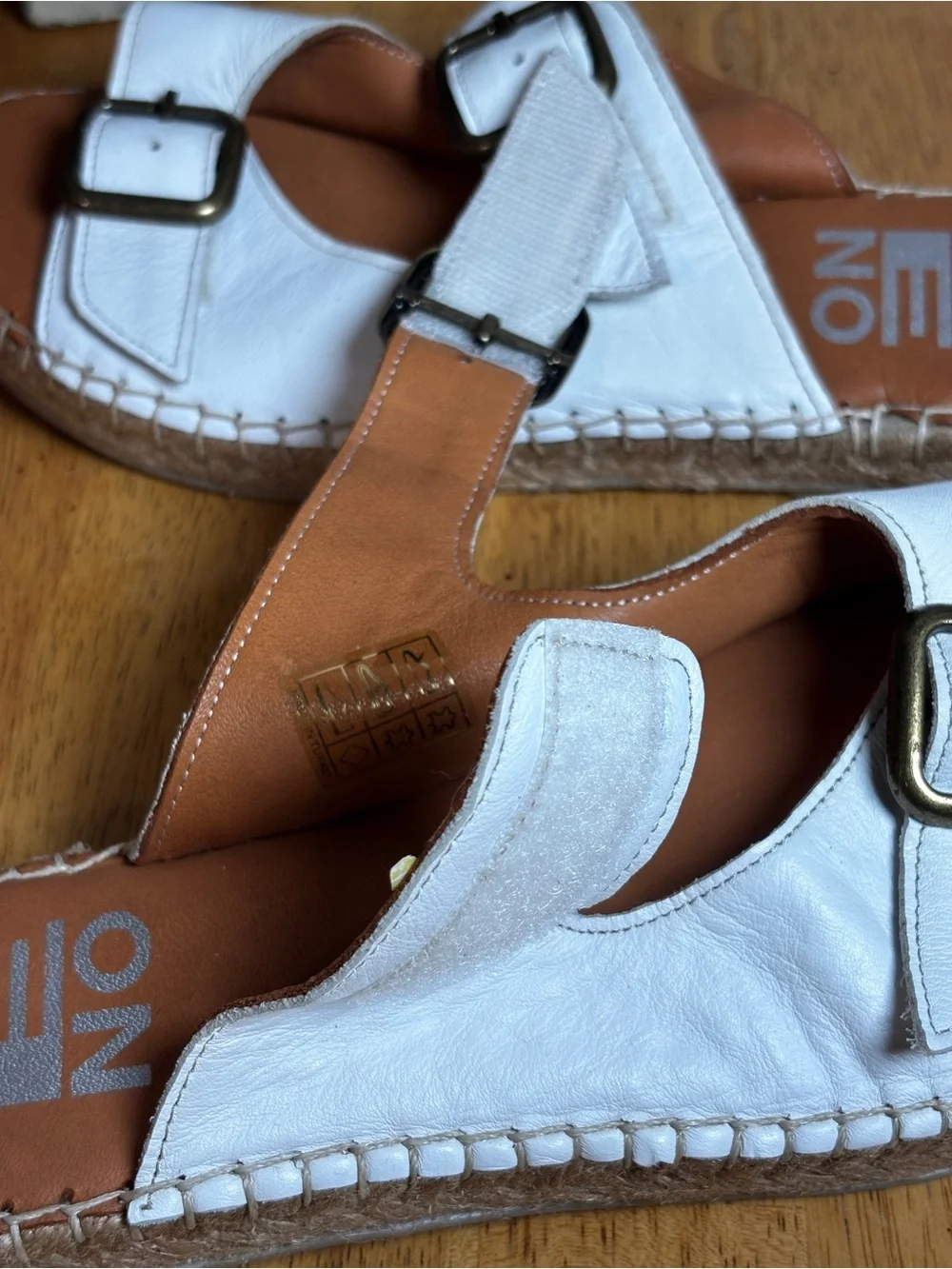 Bueno White Leather Double Buckle Espadrille Slide Sandals